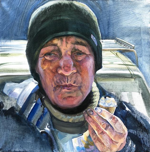 Портрет женщины на вещевом рынке, Серия Провинция, холст, масло, 40 х 40 см., 2020